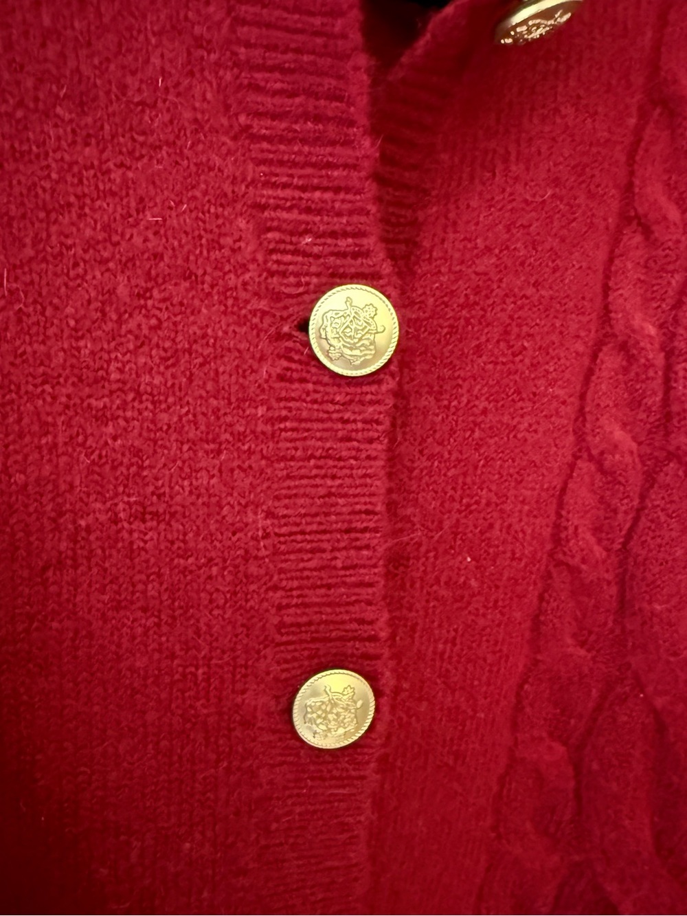 J. Crew Deep Red Cable-Knit Wool Cardigan with Gold Buttons - Size Small - Picture 3 of 5